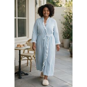 Vintage Plaza 9 Blue Eyelet Lace Ruffle Maxi Robe Housecoat Large Prairie